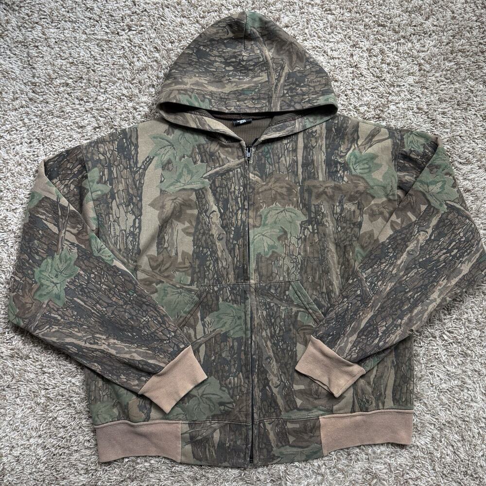 Vintage 80's Bark Camo Full Zip Hoodie Men's Size XL Ace Sportswear Hunting USA